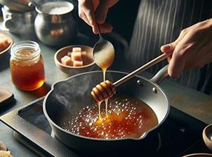 Una persona derritiendo azúcar en una sartén para hacer caramelo